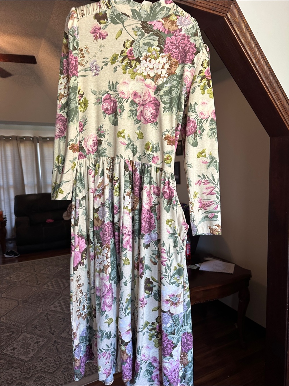 Cream Midi Dress with Pink Floral Print
